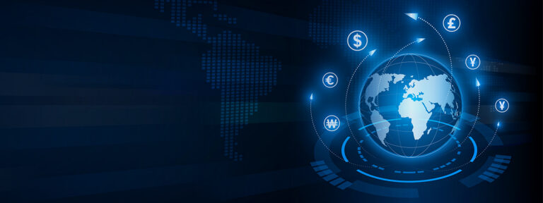 Glowing globe with currency symbols